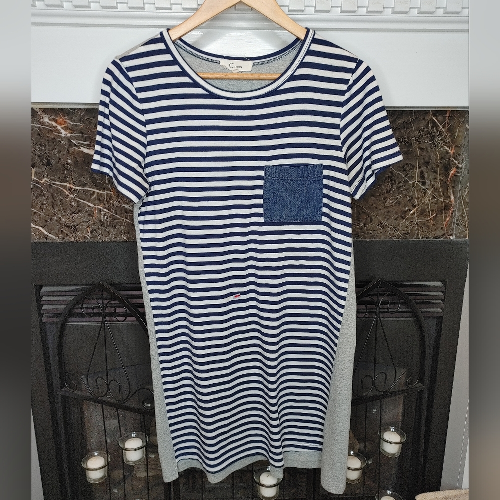 CLU TOO MIXED MEDIA DRESS, STRIPED/ GRAY S